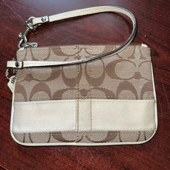 Coach Signature Tan Brown Wristlet Monogram Cream Accent Wristlet - Picture 2 of 11